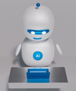 a white robot sitting on top of a table